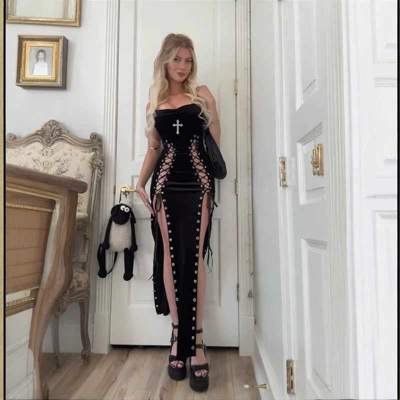 Jaghds | Slim Fit Strappy High Slit Gothic Maxi Dress for Women