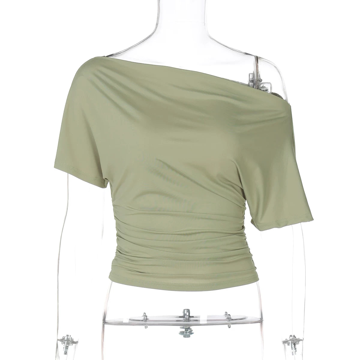 Jaghds | Asymmetrical Shoulder Short Sleeve Top for Women, Slim Waist Solid Color Design