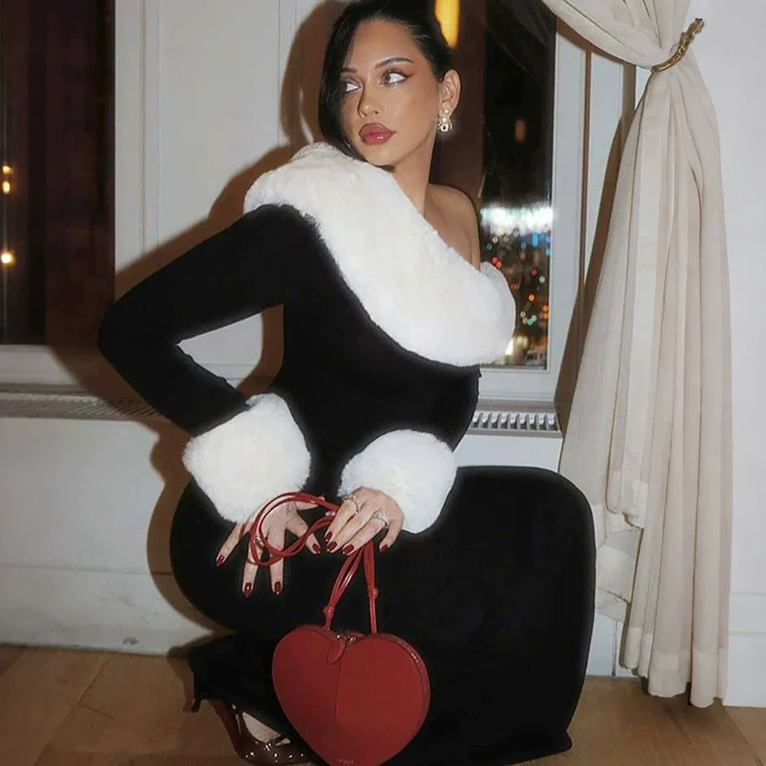 Jaghds | Women’s Hepburn-Inspired Long-Sleeved Dress with Fur Collar and Slanted Shoulder