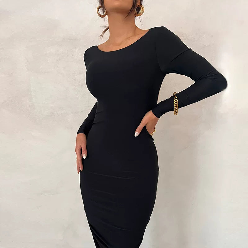 Jaghds | Women’s Backless Long-Sleeved Pleated Dress in Solid Color