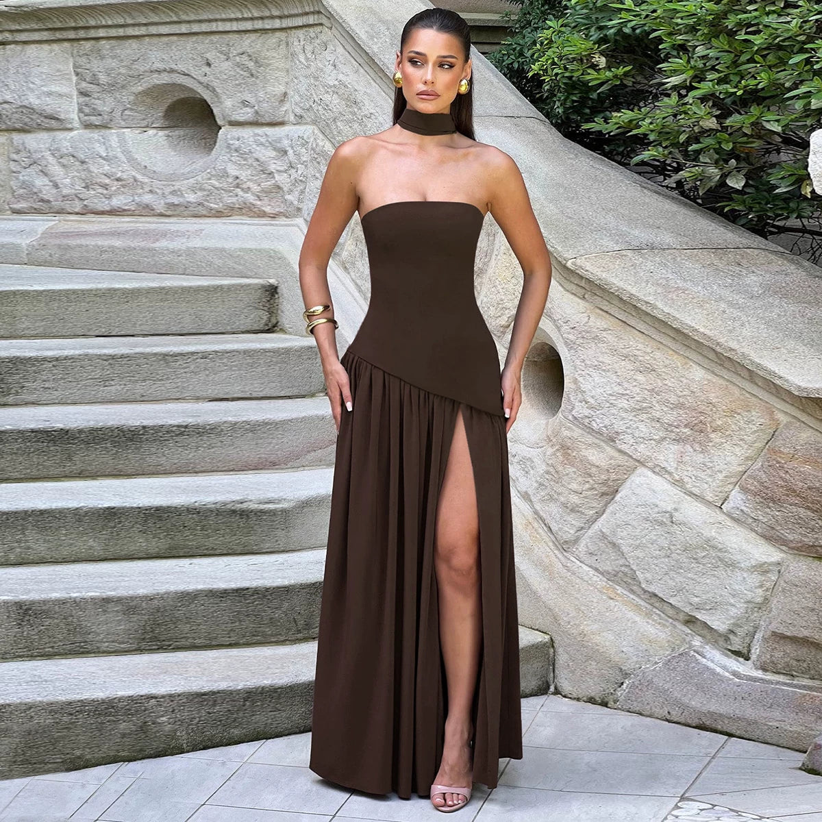 Jaghds | European Style One-Line Collar Tube Top Dress with High Slit