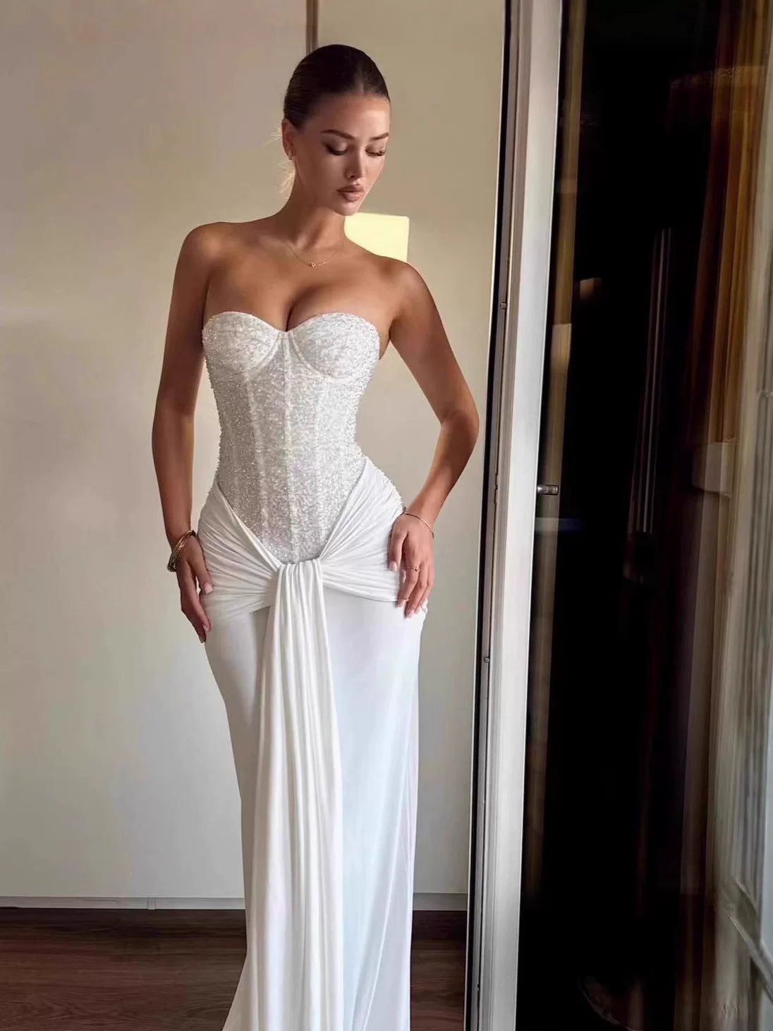 Jaghds | Herringbone Diamond Tube Top Dress with Twisted Strap and Spliced Long Skirt