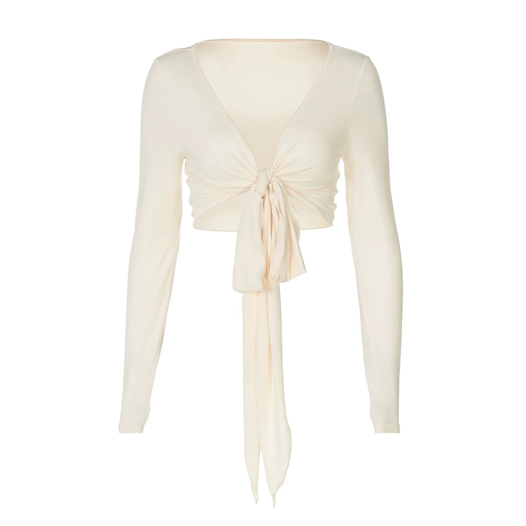 Jaghds | Twist Tie Cropped Cardigan Top for Women, Slim Fit Long Sleeve Design