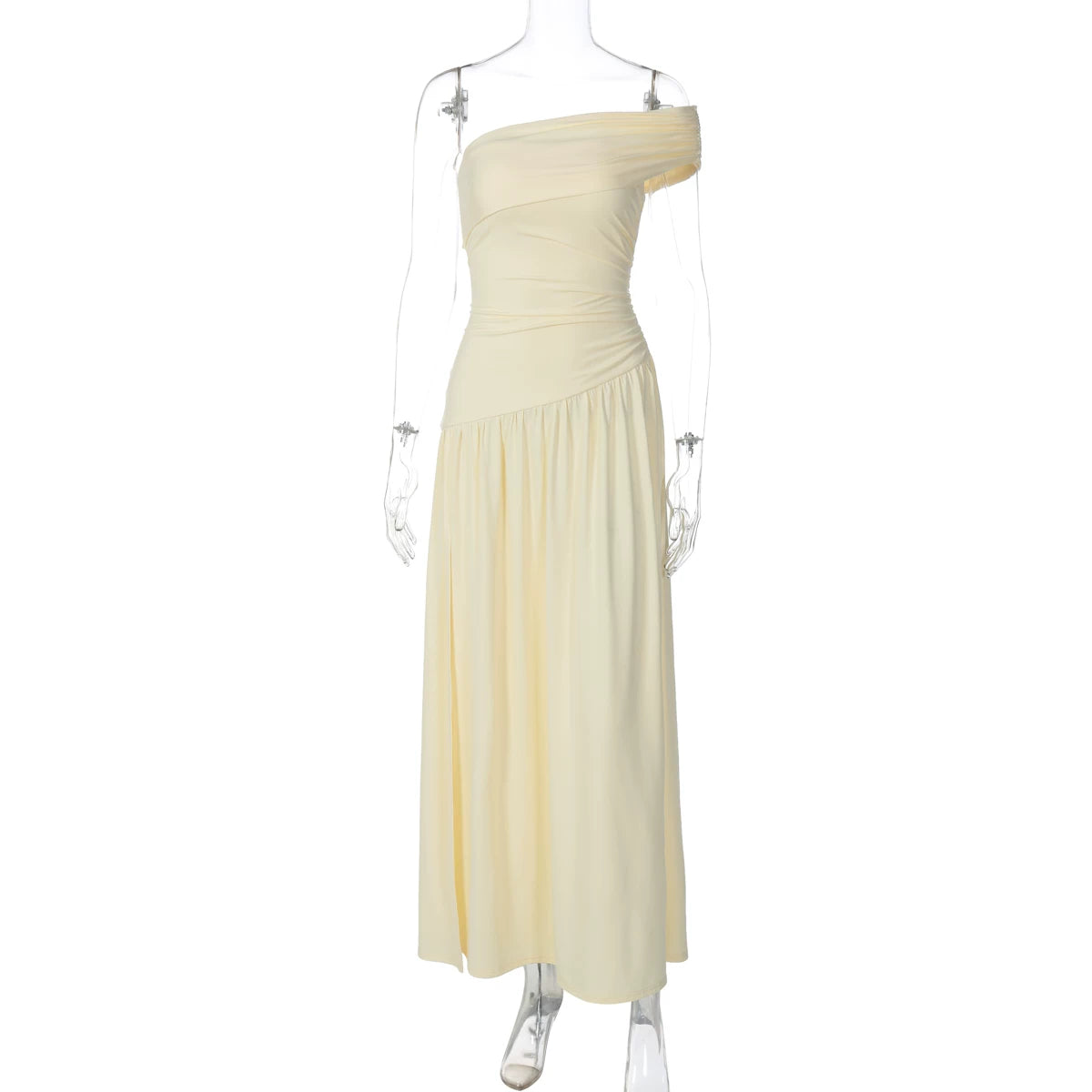 Jaghds | European Style Irregular Slant Neck Off-Shoulder Dress with Pleated High Waist
