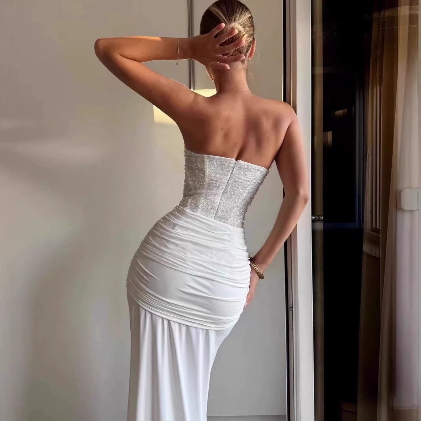 Jaghds | Herringbone Diamond Tube Top Dress with Twisted Strap and Spliced Long Skirt