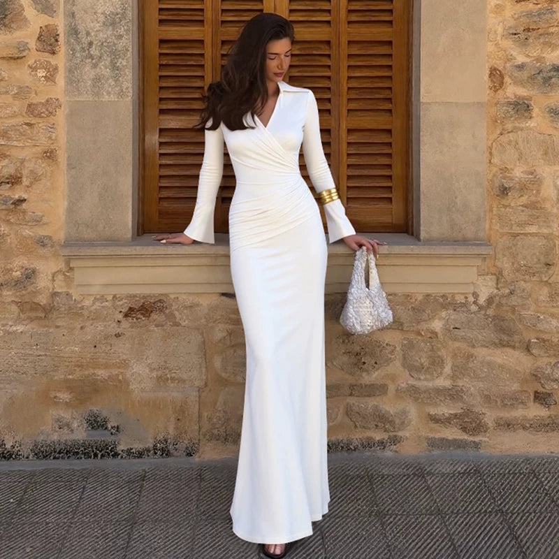 Jaghds | Cross V-Neck Pleated Long Sleeve Maxi Dress with High Waist