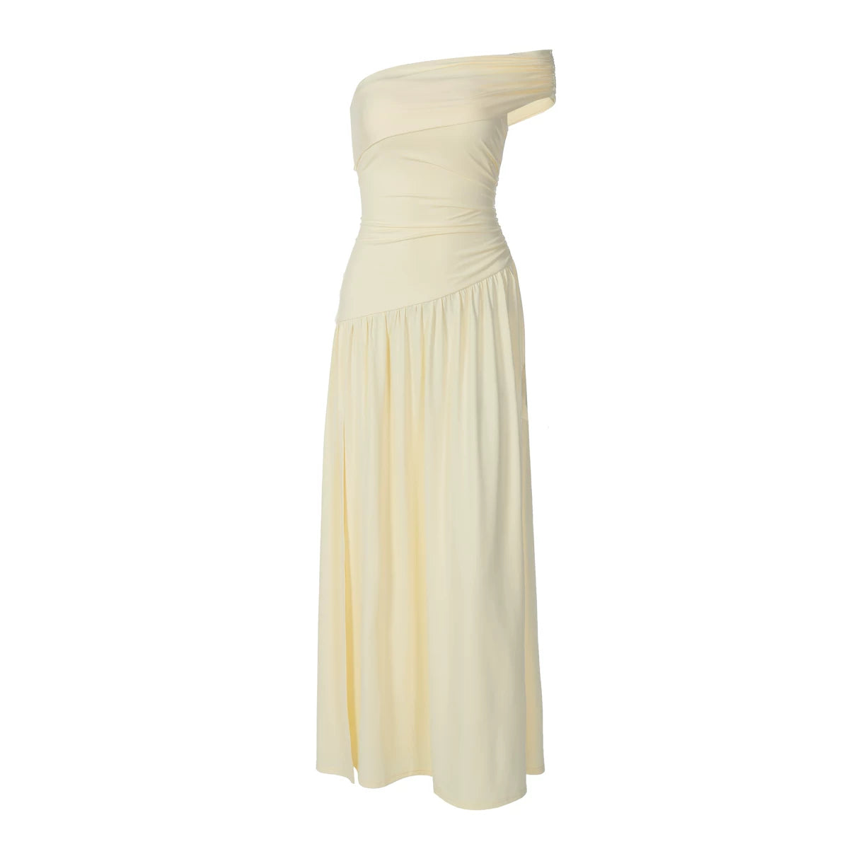Jaghds | European Style Irregular Slant Neck Off-Shoulder Dress with Pleated High Waist