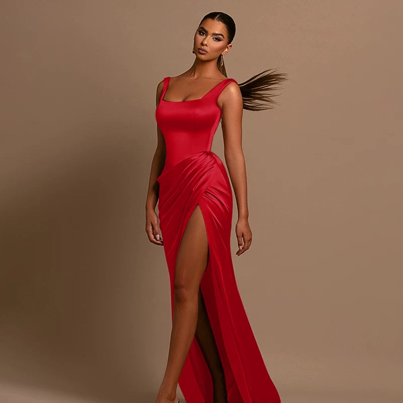 Jaghds | Square Neck Suspender Maxi Dress with Back Detail and Side Slit