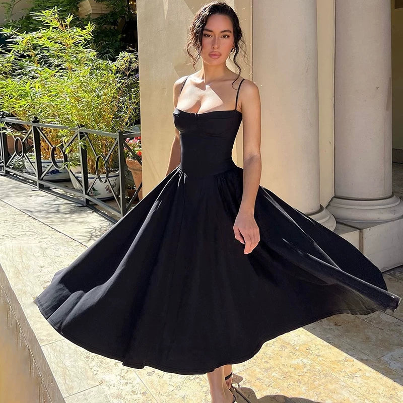 Jaghds | French Retro Solid Color Suspender Dress with High Waist Knee-Length Skirt