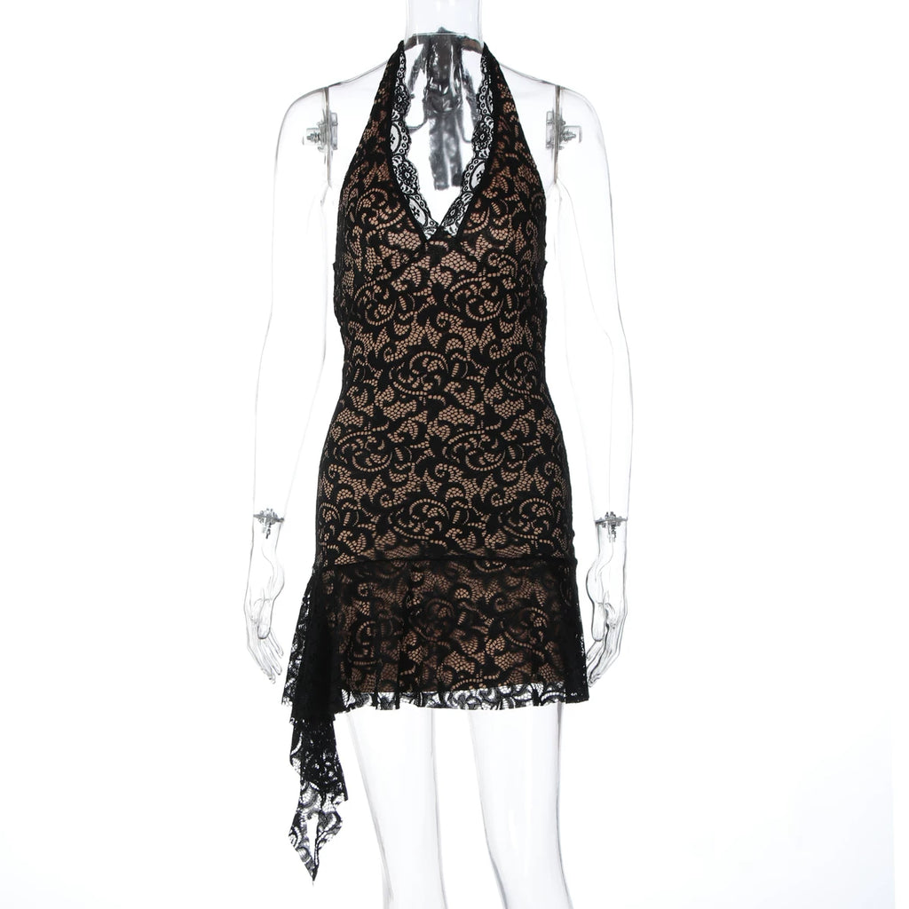 Jaghds | Halter Neck Dress with Deep Open Back and Double-Layer Lace