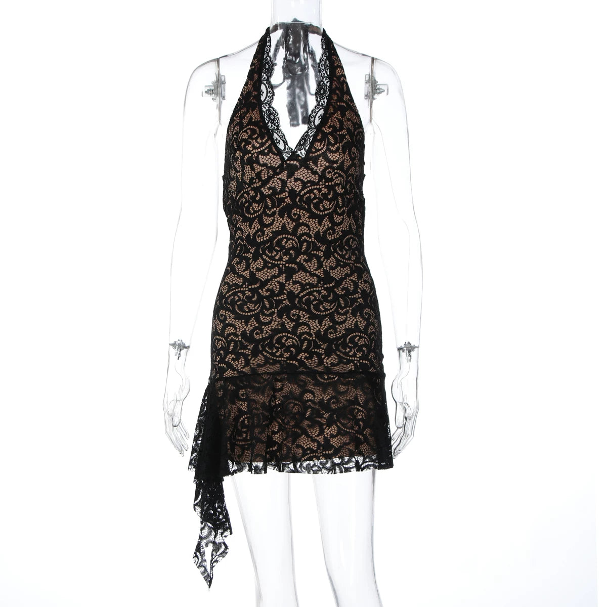 Jaghds | Halter Neck Dress with Deep Open Back and Double-Layer Lace