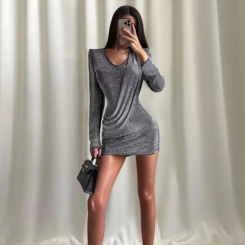 Jaghds | V-Neck Glitter Long Sleeve Maxi Dress with Slim Fit Waist