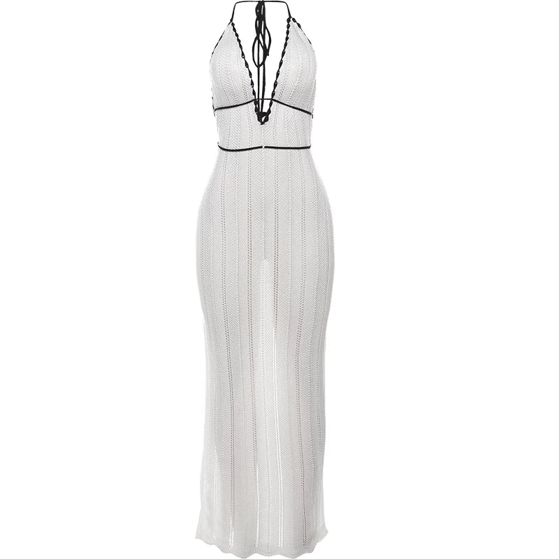 Jaghds | Resort Style Halter Neck Knit Maxi Dress in Black and White