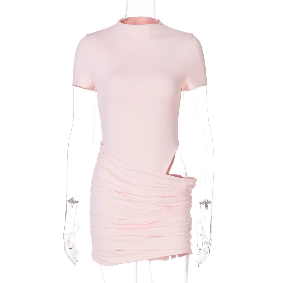 Jaghds | High-Neck Short-Sleeve Dress with Pleated Skirt and Hidden Buttons