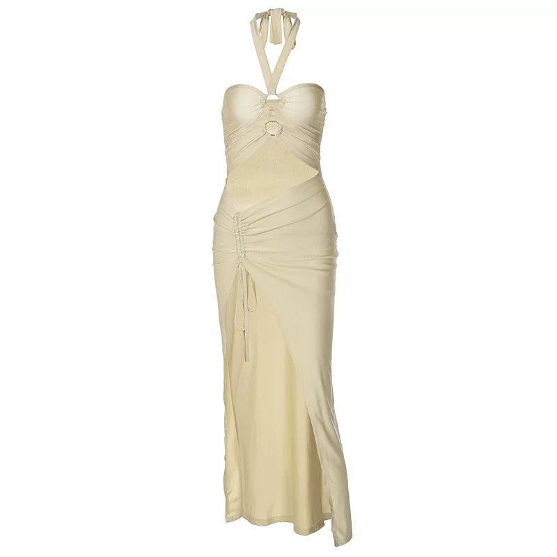 Jaghds | European Style Halter Dress with Tie Detail and Hollow Slit