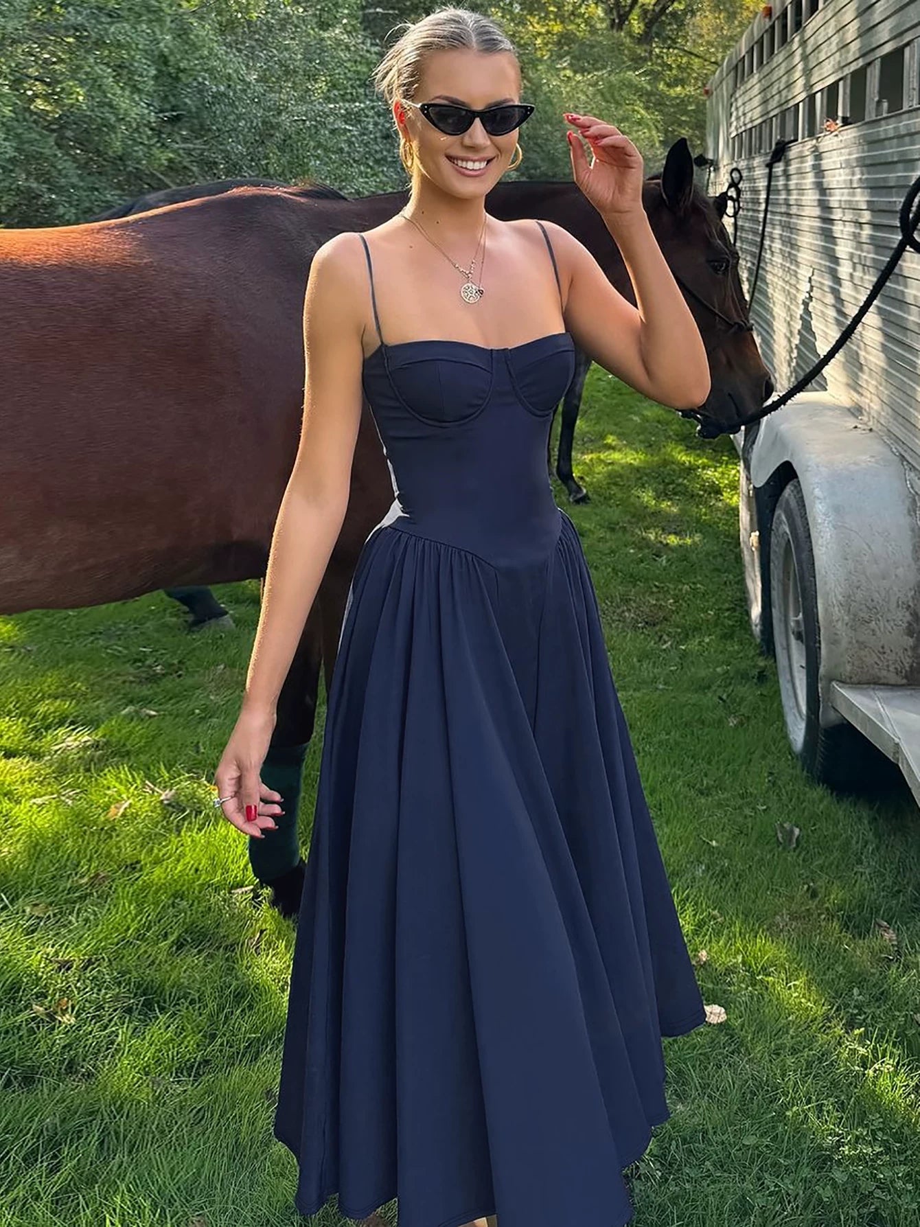 Jaghds | French Retro Solid Color Suspender Dress with High Waist Knee-Length Skirt