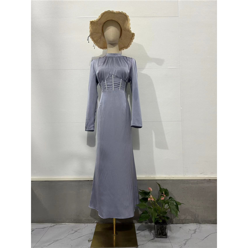 Jaghds | Women’s Long-Sleeved Pleated Dress with Irregular Slit Hem