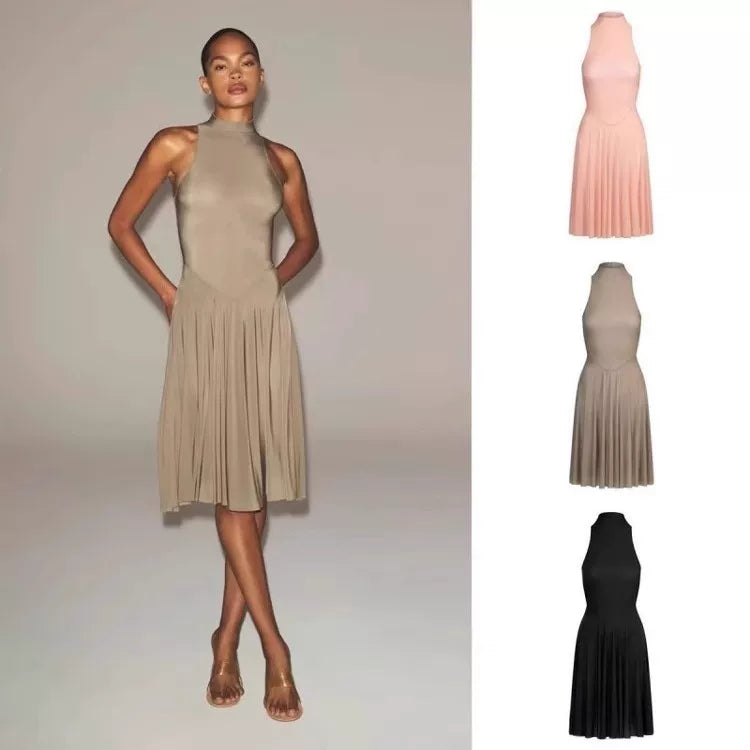 Jaghds | Sleeveless Pleated Midi Dress with High Collar and Elegant Silhouette