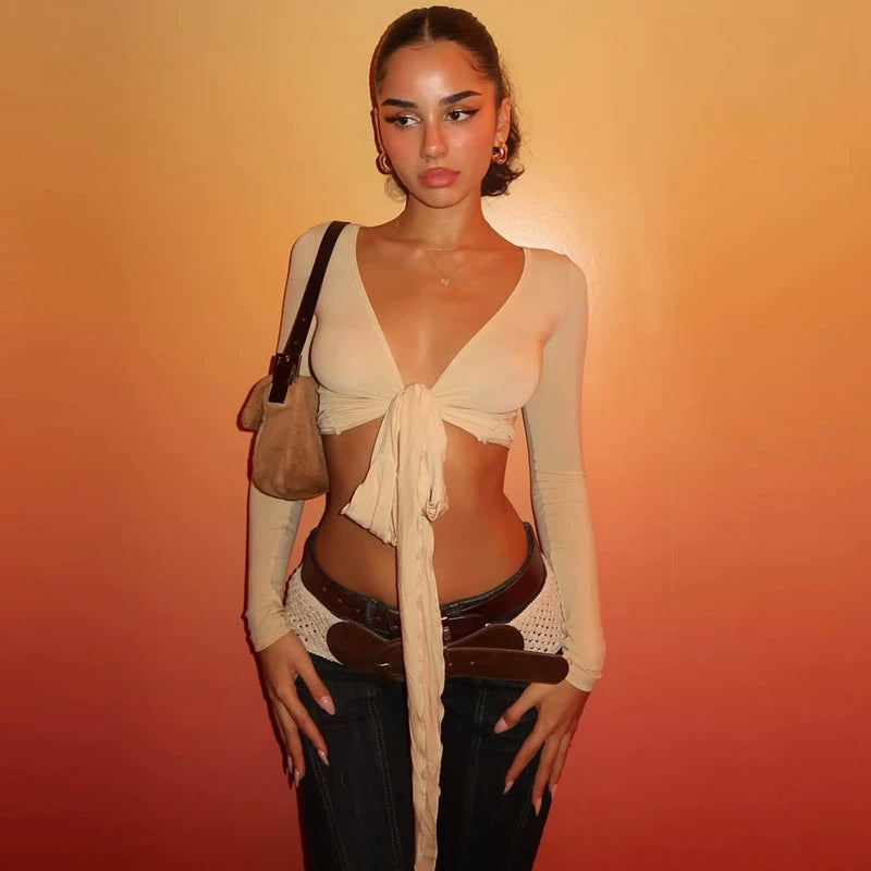 Jaghds | Twist Tie Cropped Cardigan Top for Women, Slim Fit Long Sleeve Design