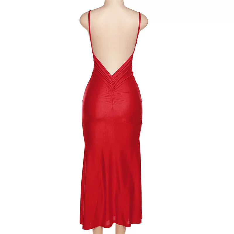 Jaghds | Temperament Red V-Neck Backless Long Dress for Women
