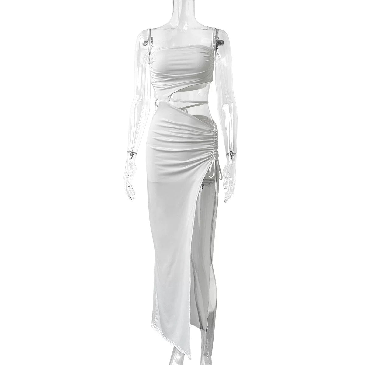 Jaghds | European Style Slant Neck Suspender Dress with Hollow Slit Skirt