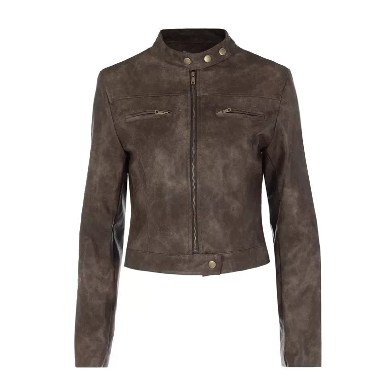 Jaghds | Autumn Winter PU Leather Short Jacket for Women with Stand Collar and Distressed Design