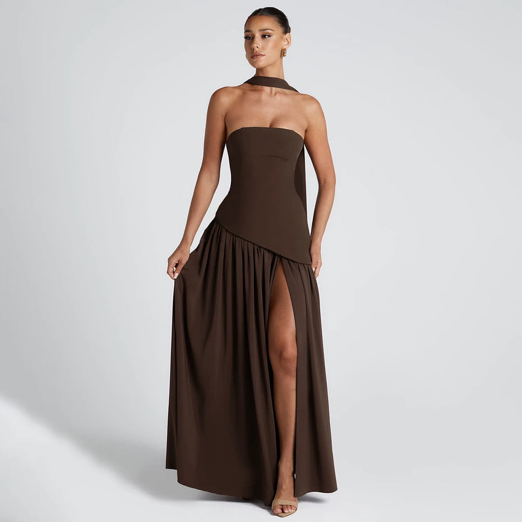 Jaghds | European Style One-Line Collar Tube Top Dress with High Slit