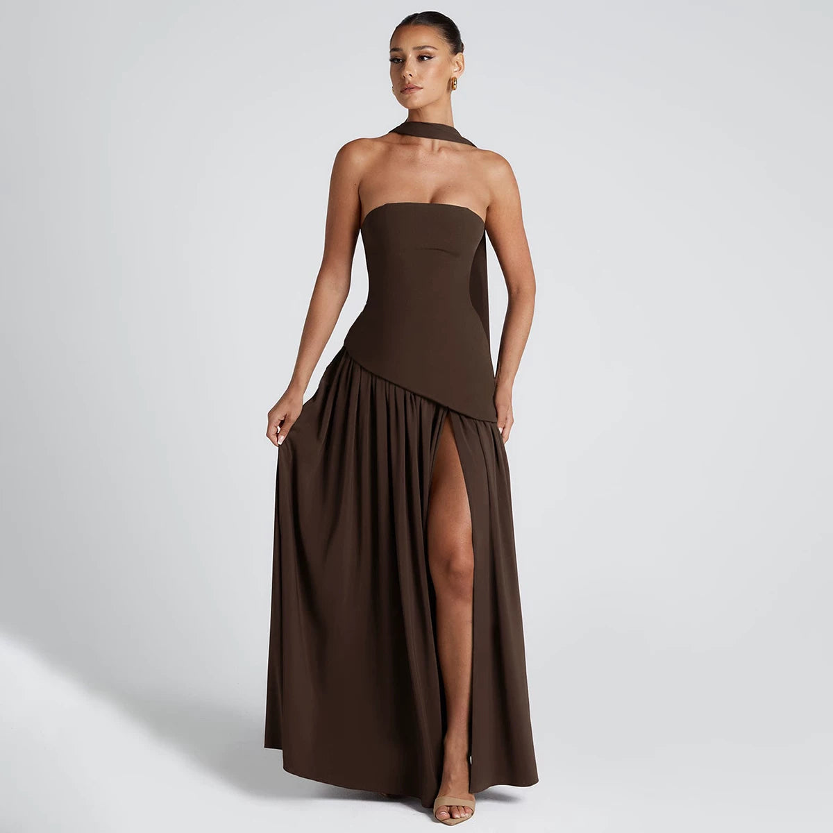 Jaghds | European Style One-Line Collar Tube Top Dress with High Slit