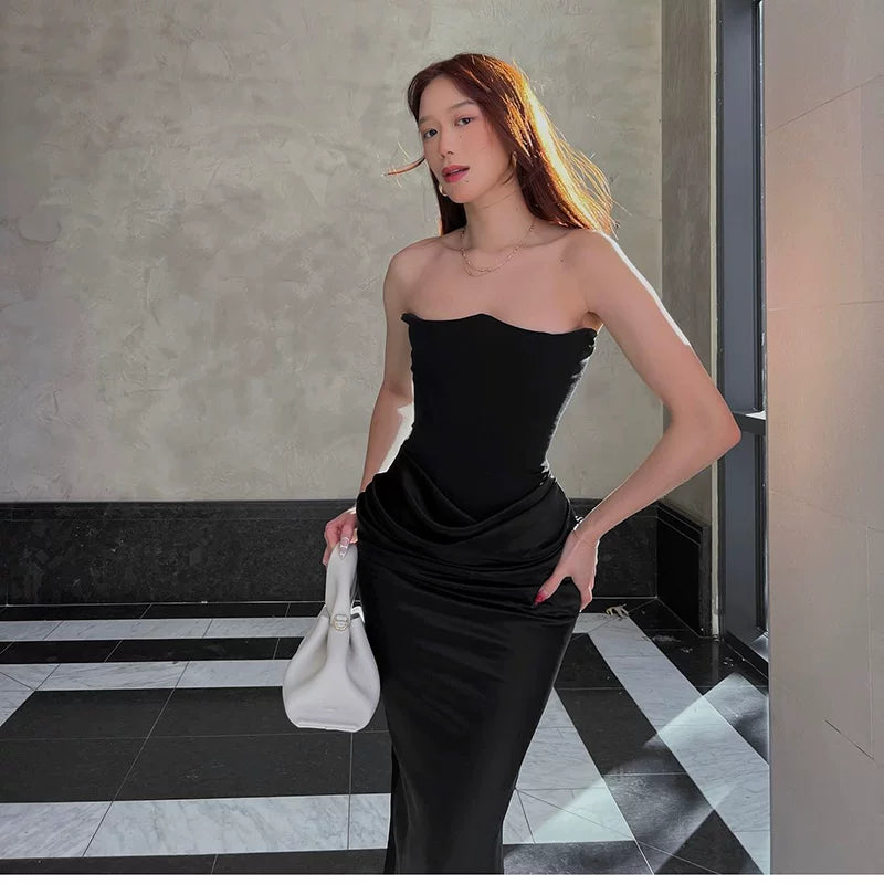 Jaghds | High-End European and American Fishbone Corseted Tube Top Dress with Gold Detail