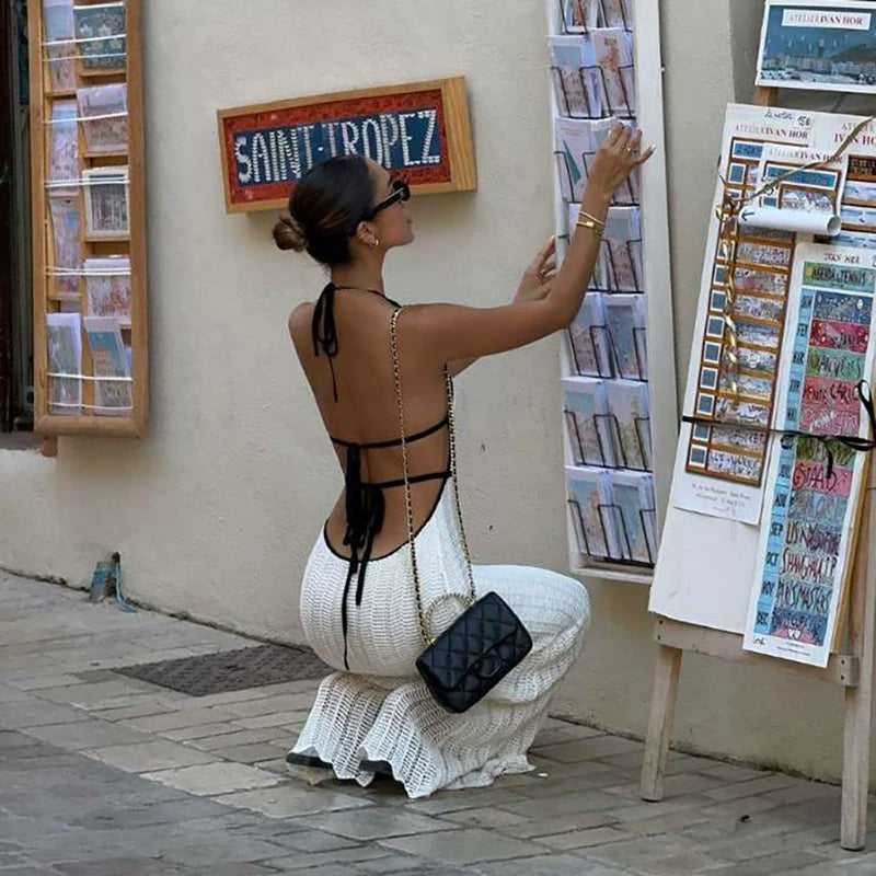 Jaghds | Resort Style Halter Neck Knit Maxi Dress in Black and White