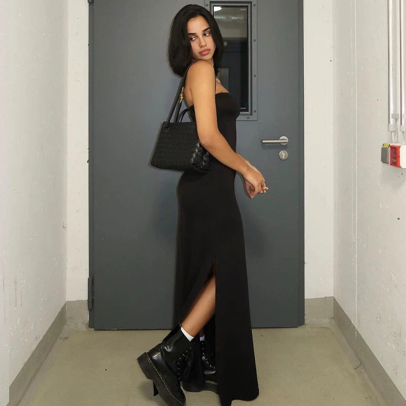 Jaghds | European Style One-Line Collar Tube Top Dress with Side Slit