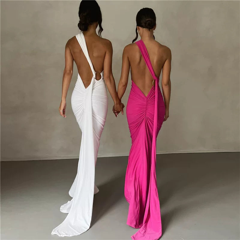 Jaghds | Elegant Backless Halter Neck Evening Dress with Solid Color Long Skirt