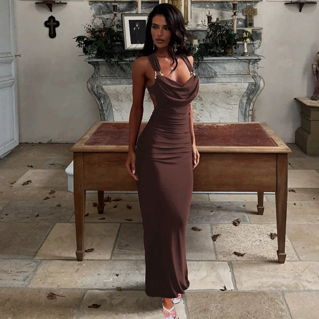 Jaghds | Elegant Swing Collar Backless Suspender Dress with Pleated High Waist