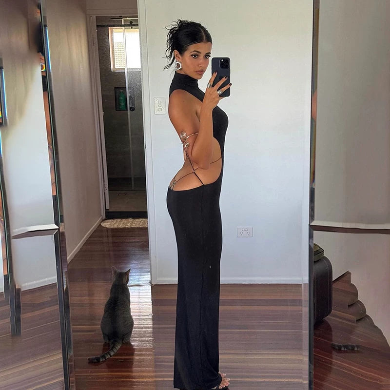 Jaghds | European and American Metal Butterfly Hollow Backless Dress with Slit Long Skirt