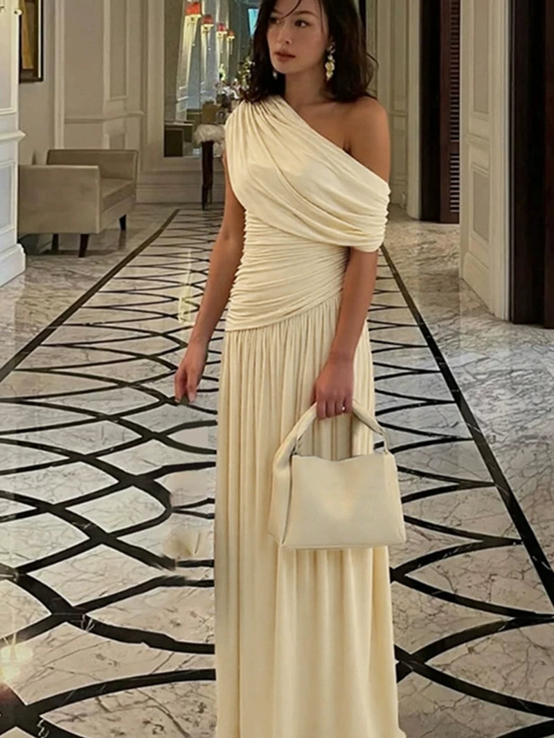 Jaghds | European Style Sloping Shoulder Irregular Pleated Long Dress