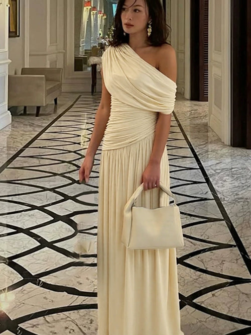 Jaghds | European Style Sloping Shoulder Irregular Pleated Long Dress