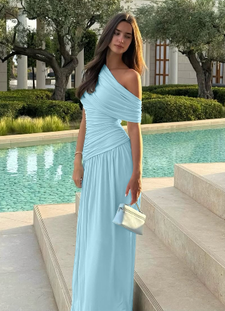 Jaghds | European Style Sloping Shoulder Irregular Pleated Long Dress