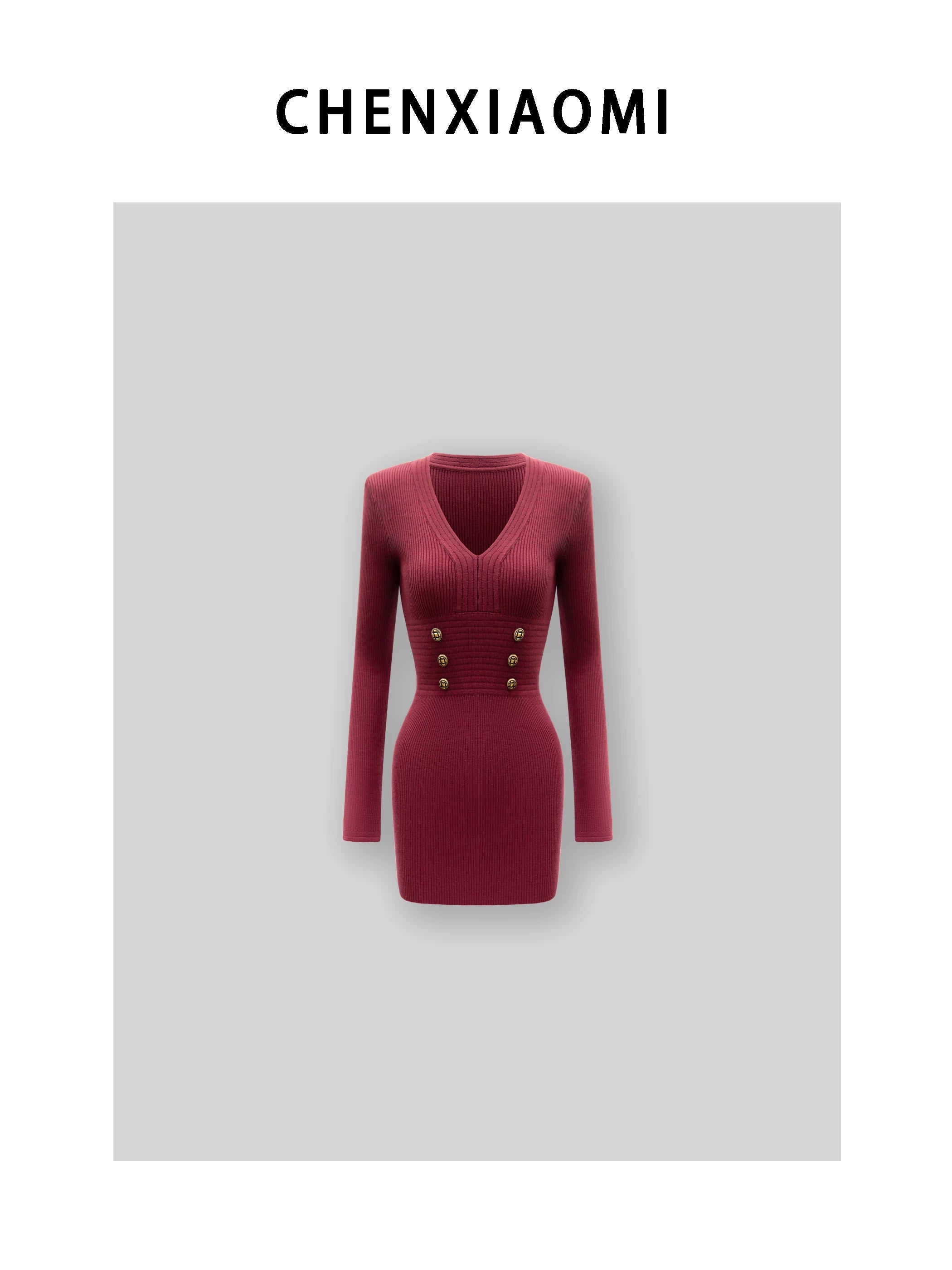 Jaghds | Plum Red Long Sleeve Retro Dress with Slim Fit Silhouette