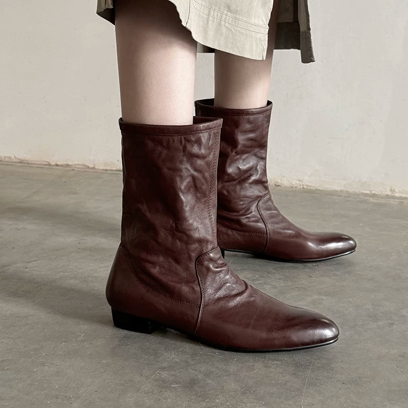 Jaghds | Pleated Pointed Toe Mid-Calf Boots for Women, Chunky Heel Autumn Winter Style