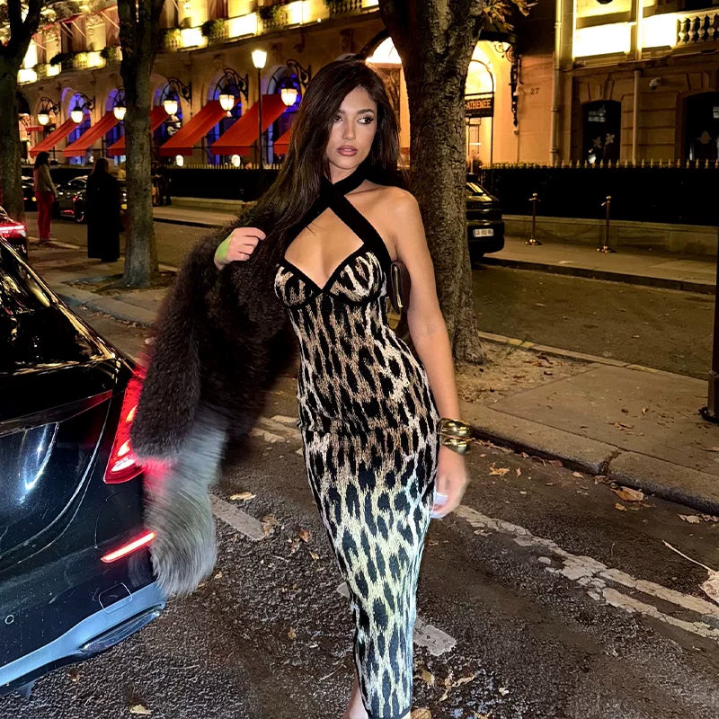 Jaghds | Women’s V-Neck Leopard Print Halterneck Long Dress