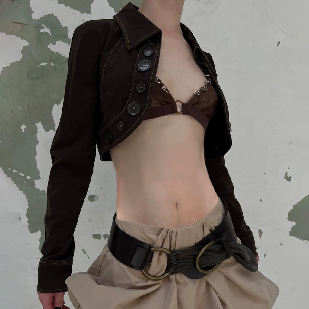 Jaghds | Retro High-Waist Denim Jacket for Women with Lapel and Button Front