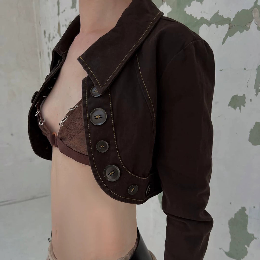 Jaghds | Retro High-Waist Denim Jacket for Women with Lapel and Button Front