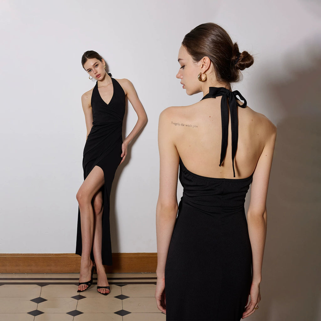 Jaghds | European and American Halter Neck V-Neck Slit Dress for Women