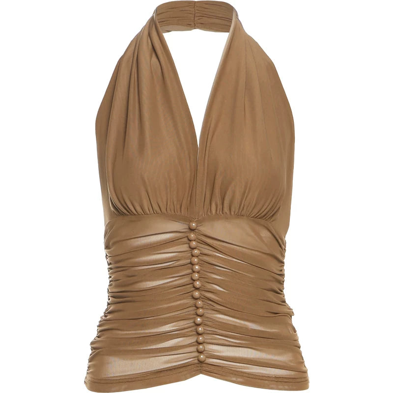 Jaghds | Retro V-Neck Halter Top for Women with Pleated Slim Fit Design