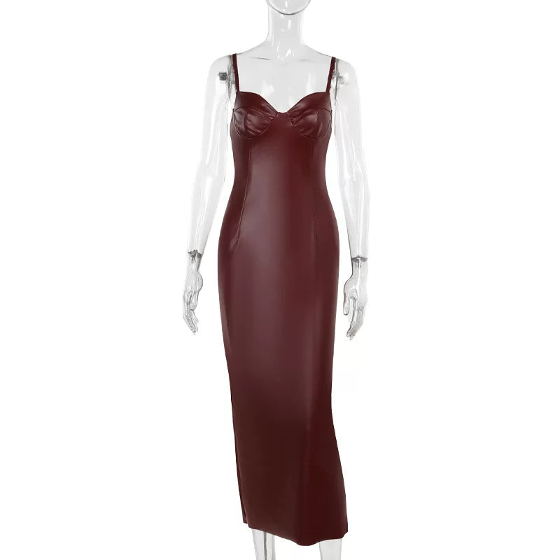 Jaghds | Women’s Leather Long Dress with Sling Waist Design