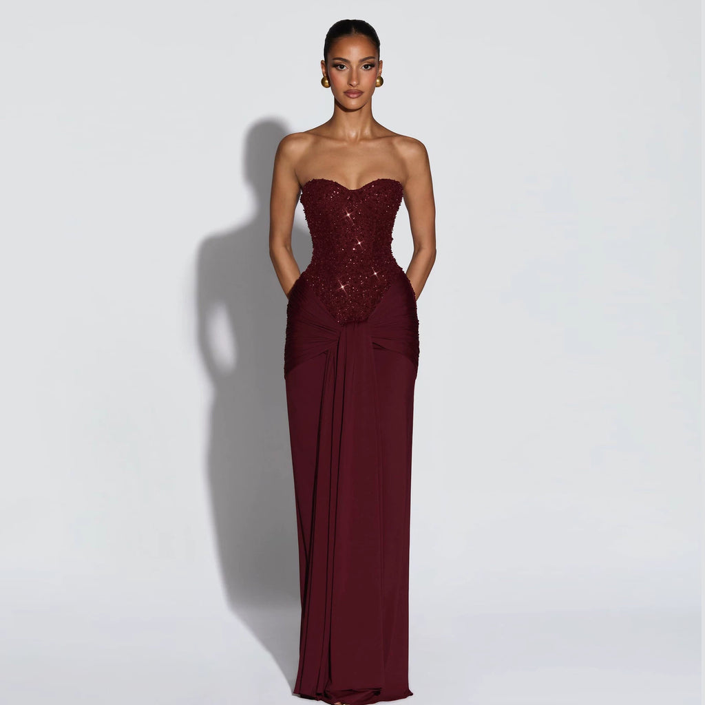 Jaghds | Slim Fit Strapless Sequin Long Dress – Elegant Winter Style