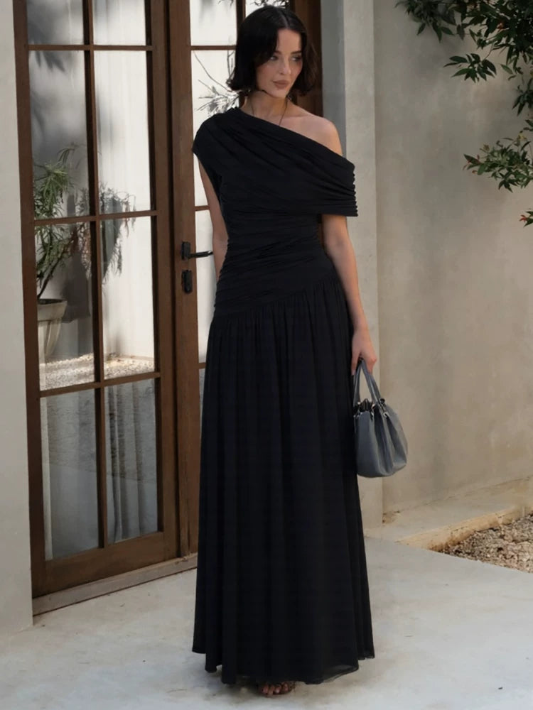 Jaghds | European Style Sloping Shoulder Irregular Pleated Long Dress