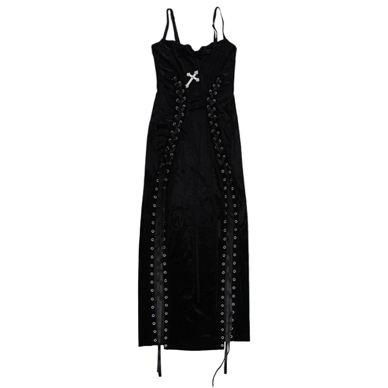 Jaghds | Slim Fit Strappy High Slit Gothic Maxi Dress for Women