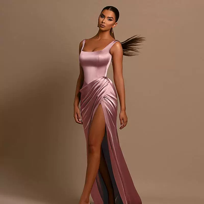 Jaghds | Square Neck Suspender Maxi Dress with Back Detail and Side Slit