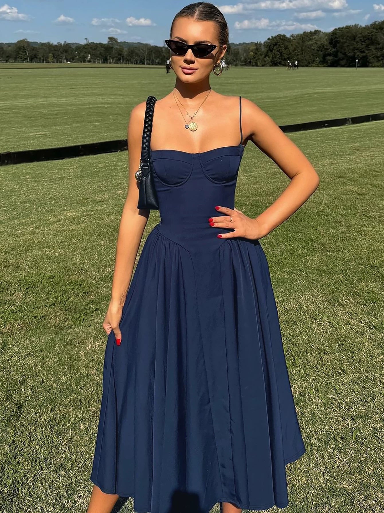 Jaghds | French Retro Solid Color Suspender Dress with High Waist Knee-Length Skirt